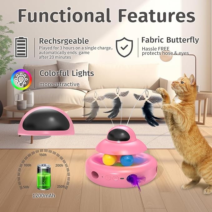 MOHAYA Automatic Cat Toys,4-in-1 InteractiveCat Toys for Bored Indoor Adult Cats, Electric Flying Butterfly,Rechargeable Moving Ambush Feather,Pink Kitter Toy Track Balls