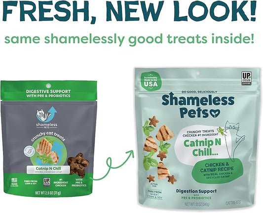 Shameless Pets Crunchy Cat Snacks & Treats – Healthy Cat Treats for Indoor Cats & Kittens with Catnip, Real Chicken & Digestive Support, Catnip N Chill (12 oz)