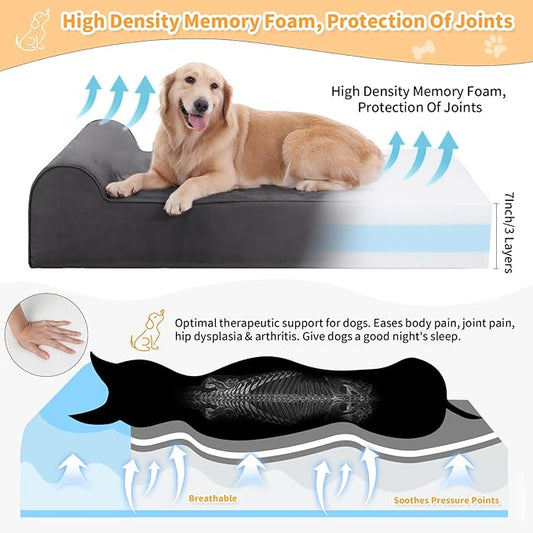 Rainmr Orthopedic Dog Beds for Large Dogs, 7" Memory Foam Dog Beds with Waterproof Liner, Durable Microsuede Cover, Removable and Washable, Nonskid Bottom, 60"x48"x7" XXL Grey