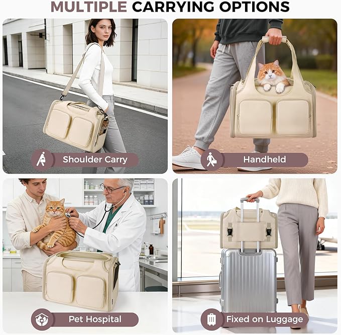 Dog, Cat Carrier for Pets Up to 15 Lbs, Airline Approved Collapsible Soft-Sided Pet Travel Bag with Locking Zippers, Breathable Mesh and 4 Large Pockets, Removable Fleece Pad (Beige)