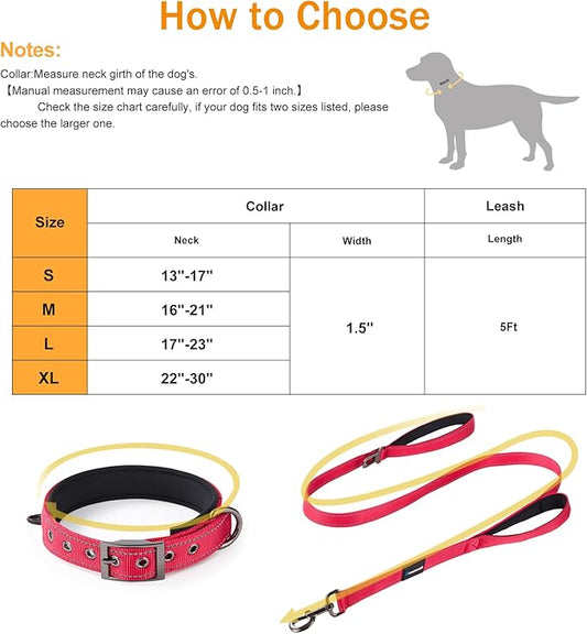 Annchwool Adjustable Dog Collar and 5 FT Leash Set with Heavy Duty Metal Buckle–Comfortable Lining Reflective Collar & Dual-Handles for Small Medium Large Dogs Walking,Running(Red Set,M:17''-23'')
