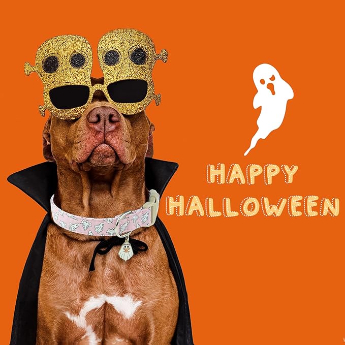 Faygarsle Pink Ghost Pattern Dog Collar with Charm, Halloween Pet Necklace, Adjustable Collar for Small Medium Large Dogs M