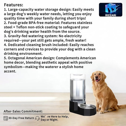Sfozstra Large Dog Water Dispenser: 9L Automatic Black Water Feeder with Specialized Brush - Gravity Design for Multiple Pets in Garage Garden - Good for Spinal Health