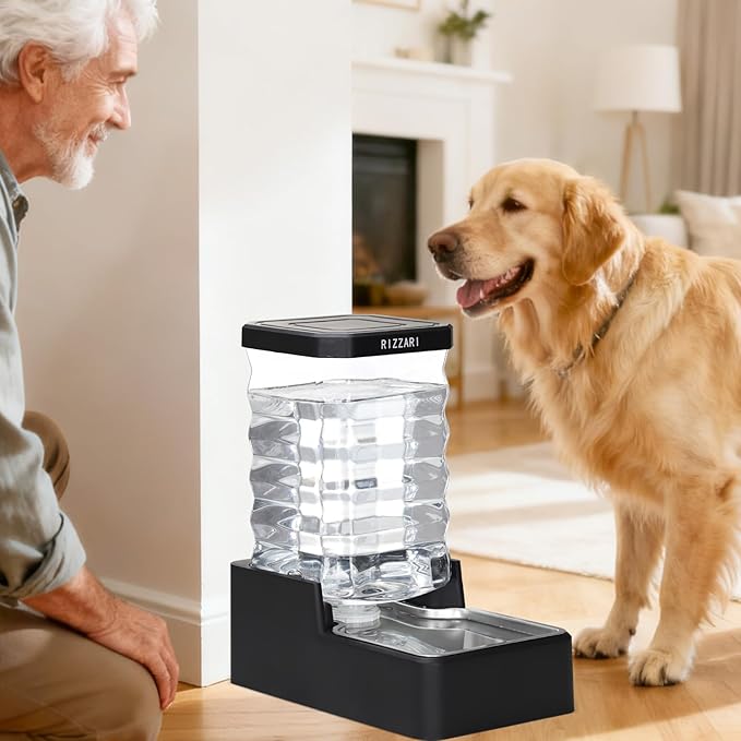 RIZZARI Stainless Steel Pet Waterer: 8L Black Gravity Fed Water Dispenser Leak-Proof for Senior Dogs Joint Care Home Owners - Bedroom Garden Use