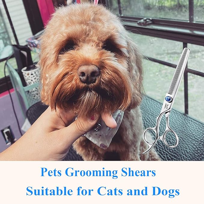 JASON Left Handed 7" 50 Teeth Blending Dog Grooming Scissor, Ergonomic Cats Grooming Thinning Shears Pets Trimming Kit with Offset Handle and a Jewelled Screw, Sharp, Comfortable Blender Christmas