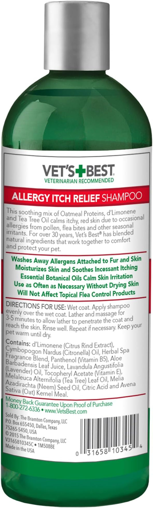 Vet's Best Allergy Itch Relief Dog Shampoo, Oatmeal Dog Shampoo for Itchy Skin, Cleans and Relieves Discomfort from Seasonal Allergies, Anti Itch Dog Shampoo, 16 Oz