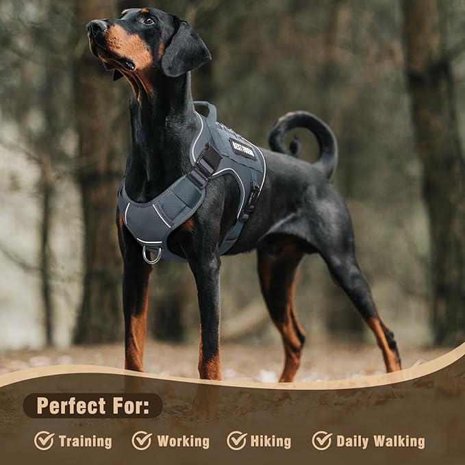 Tactical Dog Harness for Large Dogs,No Pull Military Dog Vest with Handle,Reflective Heavy Duty Pet Harness for K9 Working Walking Hiking Training Gray XL