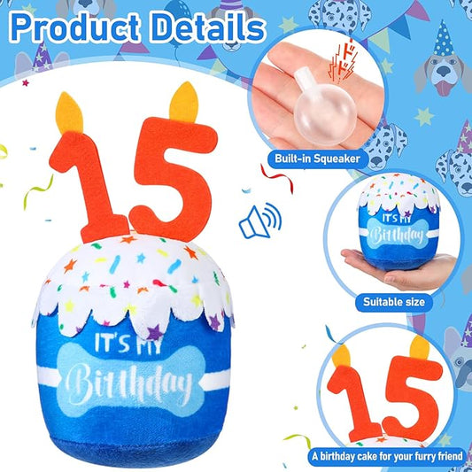 Dog Birthday Cake Toy Accessories for Girl Boy Gifts, Squeaky Plush Toy for Dog Birthday Party Decor Favor for Large, Medium and Small Dogs(15th,Blue)