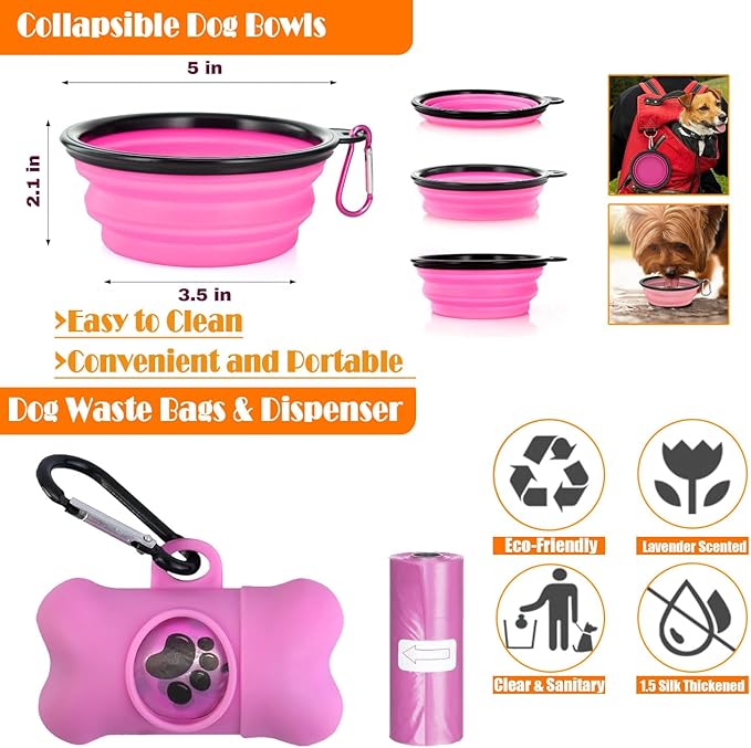 LOBEVE No Pull Dog Harness, Collar & Leash Set | Includes Dog Seat Belt, Collapsible Bowls & Poop Bag Dispenser. Ideal for Training, Walking, Hiking. Fits Small to Large Dogs(Pink-S)
