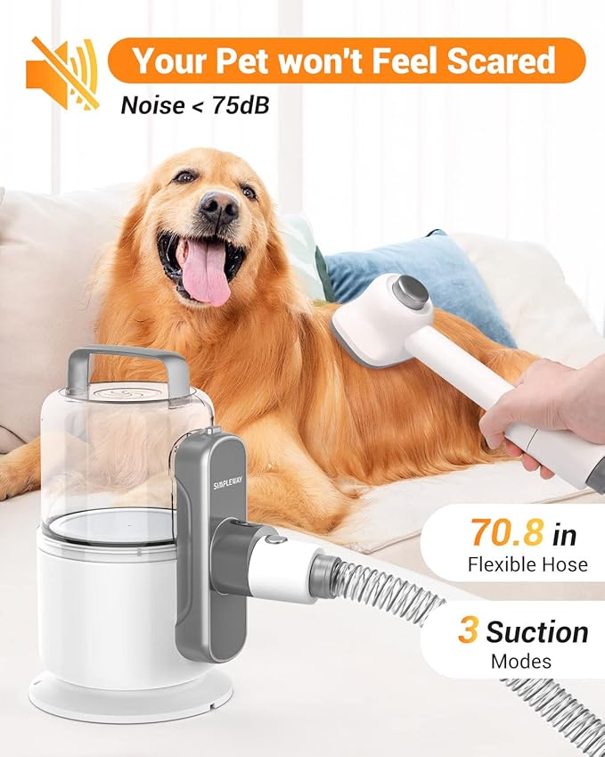 Simple Way Dog Vacuum Grooming Kit for Shedding: Professional Hair Clippers Pet Groomer - Strong Suction Cleaner Deshedding Tool Fur Brush Attachment Trimmer for Home Cat (Pale White)