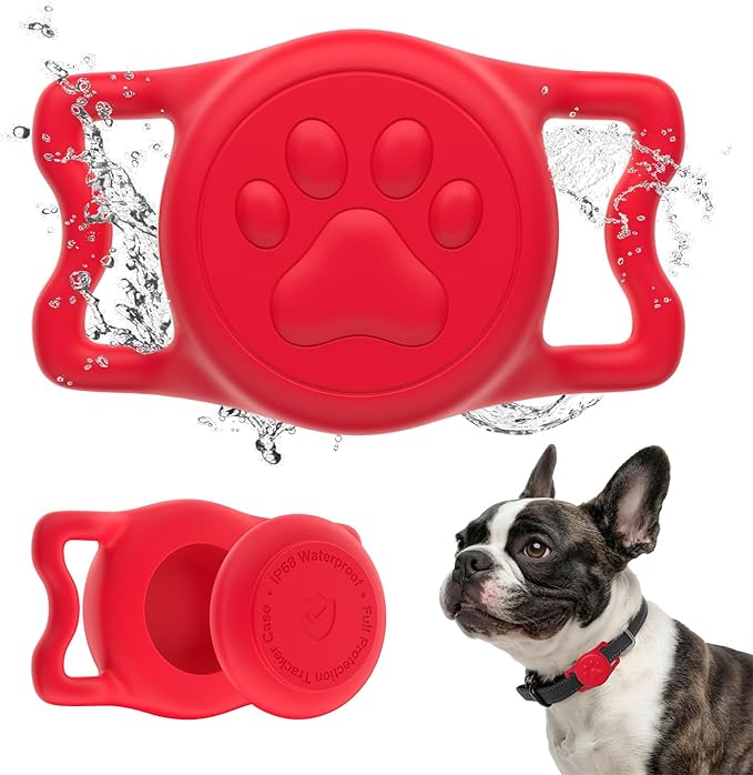 WhoseID IP68 Waterpoof Dog Tag Holder, Stretchy Silicone Full Body Covered tag Holder for Dog Cat Collar Fit All Width Collar (Red1, 1 Pack)