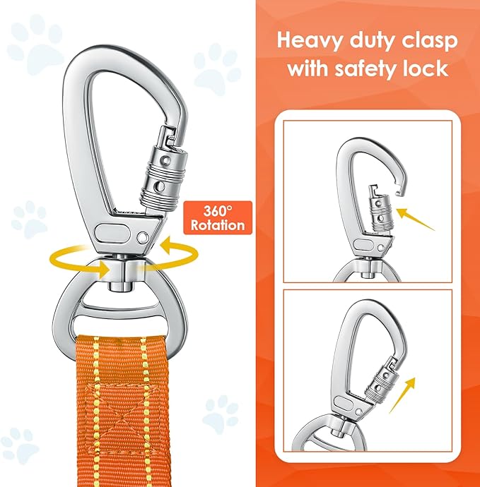 AUBELL Tactical Dog Leash Heavy Duty,4-6ft Reflective Strong No Pull Bungee Leash for Small Dogs with Comfortable Padded Double Handle,Car Seat Belt,360 Degree Rotating Carabiner,Orange