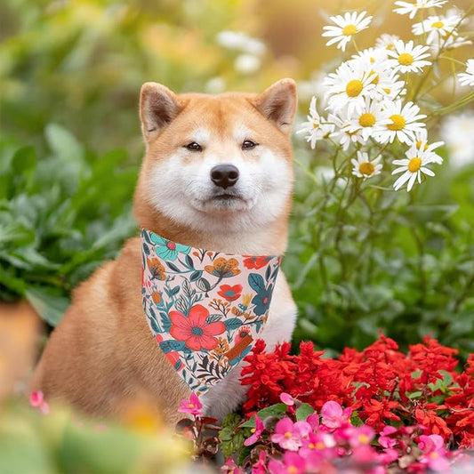 PTDECOR Flower Dog Bandana,2 Pcs Floral Reversible Dog Scarf, Multi Size, Triangle Pet Bandanas for Medium Large Dogs (Flower, Large)