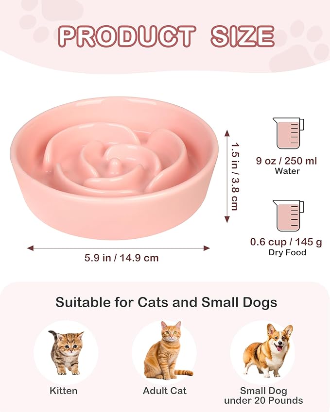 TRUVIC Ceramic Slow Feeder Dog Bowls Small Breed, 0.6 Cup Slow Feeder Cat Bowls for Fast Eaters, Ceramic Dog Food Dish no Black Chin, Puzzle Bowl for Small Dogs and Cats, Pink