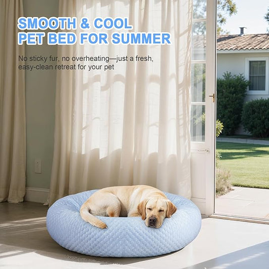 Donut Dog Bed for Large Dogs - Cooling Pet Bed with Removable Cover, Breathable Ice Fabric Summer Pet Beds for Medium & Big Dogs, Egg Tart Design (L)
