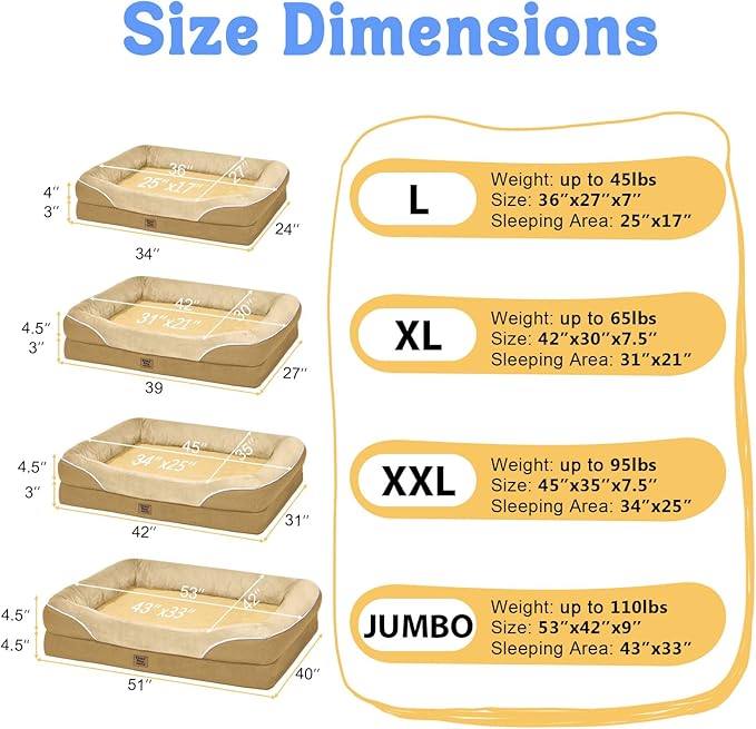 Orthopedic XL Large Dog Bed - Removable Bolster & Waterproof Washable Cover for Pet Extra Large Bed with Foam Support Non-Slip Bottom Dog Beds