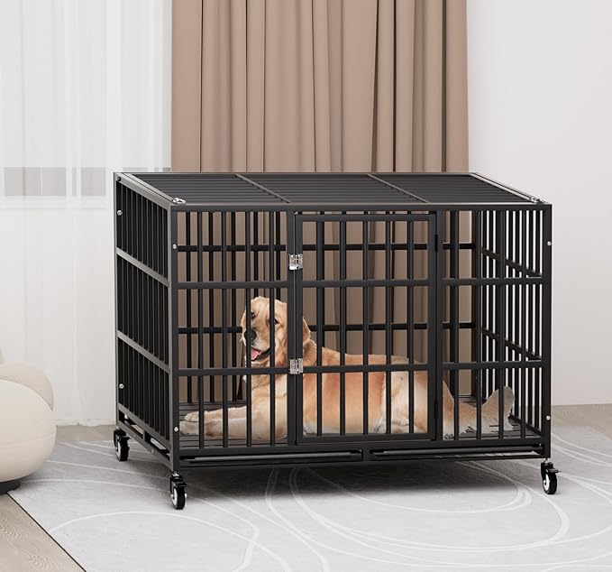 Snuowu 38 Inch Heavy Duty Dog Crate with Wheels,Indestructible Escape-Proof Dog Cage for Large Dogs, Extra Large XL XXL Indestructible Dog Crate with Removable Tray.