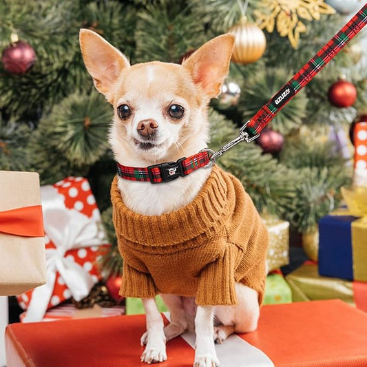 azuza Christmas Dog Collar and Leash Set, Buffalo Plaid Dog Collar with Matching Leash for Small Dogs, Great for Christmas, New Year, Festivals and Daily Use