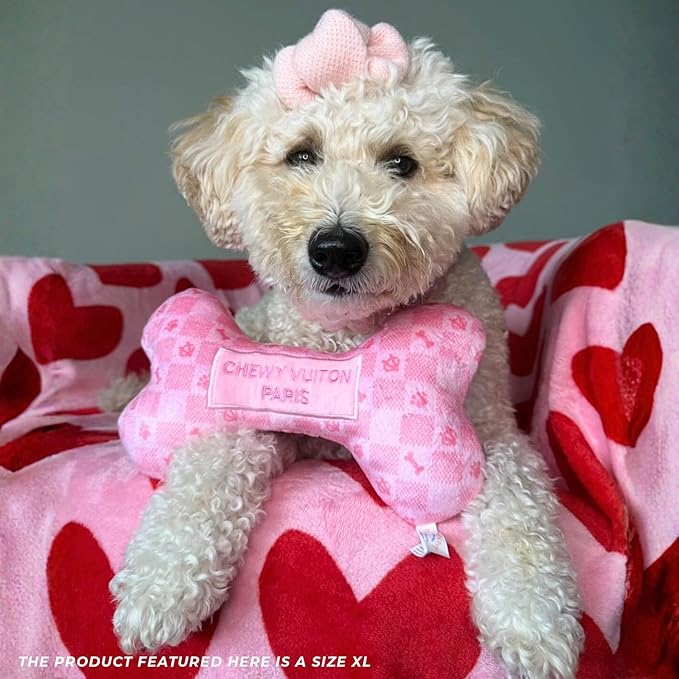 Haute Diggity Dog Pink Checker Chewy Vuiton Bone, Plush Designer Dog Toys with Interactive Squeaker, Stimulating Pet Enrichment, Machine-Washable & Safe Materials for All Breeds, Size Large