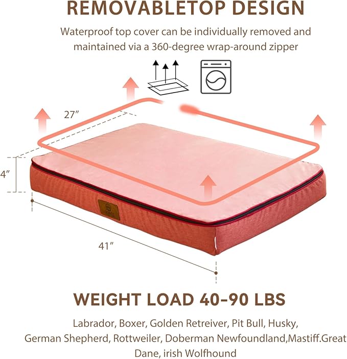 LIORCE Memory Foam XL Dog Bed - 4” Thick Orthopedic Beds for Extra Large Dogs - Waterproof Dog Bed with Removable Washable Cover & Wrap-Around Zipper - Ultimate Comfort and Easy Maintenance, Pink