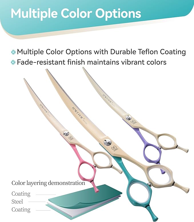 Fenice Peak Curved Dog Grooming Scissors with Coating 440C Stainless Steel, 7 inch Professional Curved Shears Dog Grooming,25 Degree of Curved Blade,Pet Shear for Trimming Face and Paws, Green & White