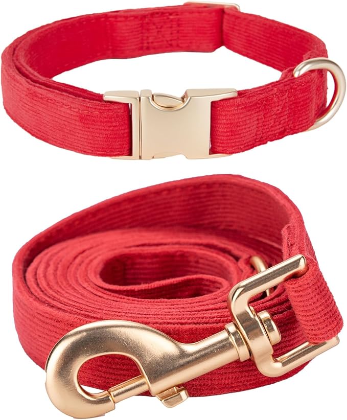 Ewinoom Soft Corduroy Dog Collar and Leash Set Adjustable Durable Dog Collars with Metal Buckle and Lead for Medium Dogs,Red