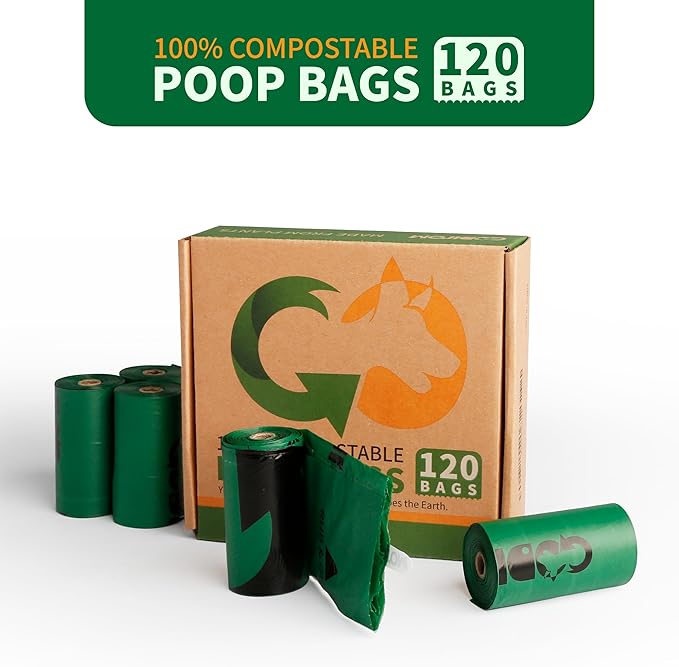 Certified 100% Home Compostable Poop Bags for Dogs, 120 Count Guaranteed Leak Proof and 18 Microns Extra Thick Waste Bag, 8 Rolls of Plant Based Doggie Poop Bag, No Scented with ASTM D6400 & EN13432