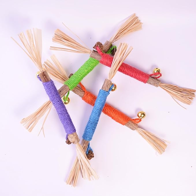 JoyArrive Natural Dried Matatabi Cat Chew Stick with Gall Fruit, Raffia Grass & Bell Cat Ball Toys, Handmade Silvervine Sticks Interactive Catnip Toy for Teething & Entertainment (Size M Color B)