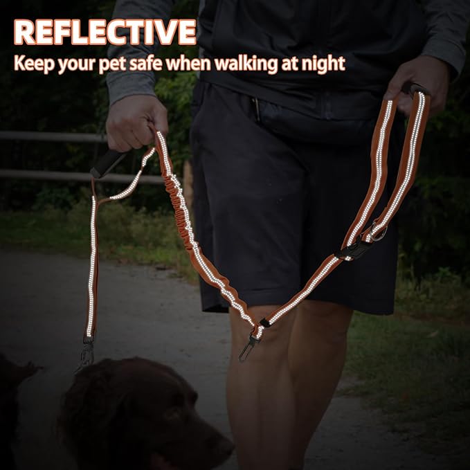 PUPTECK Heavy Duty Bungee Leash for Medium Large Dogs, No Pull Tactical Dog Leash with Double Handles for Training, Reflective with Car Seatbelt and Quick Release Buckle, Orange