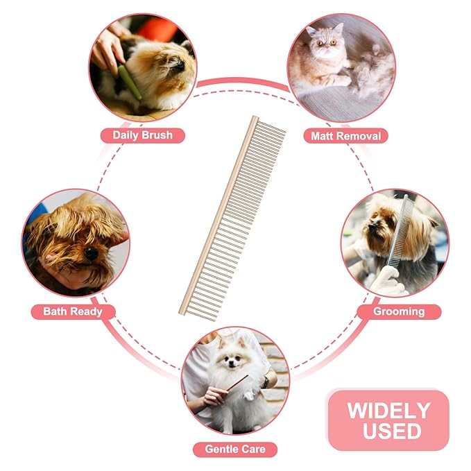 PETAXCELL Dog Cat Comb, Pet Combs Stainless Steel Teeth with Rounded Ends for Knots Mats Loose Hair Removal, 6.5IN (Gold Coated, 3 Pack), Grooming Tool Intended for Long Curly Hair Pet