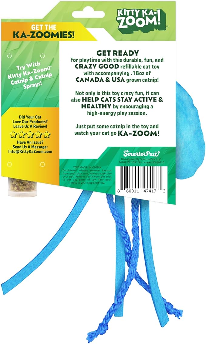 KITTY KA-ZOOM ZOOMIE Jelly Fish - Refillable Catnip Toy + Catnip | High Potency Hand Harvested Fresh Catnip | Soft Plush for Engaging Play