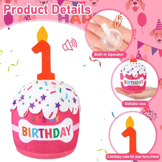Dog Birthday Cake Toy Accessories for Girl Boy Gifts, Squeaky Plush Toy for Dog Birthday Party Decor Favor for Large, Medium and Small Dogs(1st,Pink)