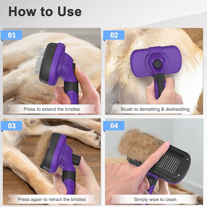 Dipoo Self Cleaning Cat & Dog Grooming Brush - Skin Friendly Deshedding Hair Brush for Haired Dogs & Puppies, Purple