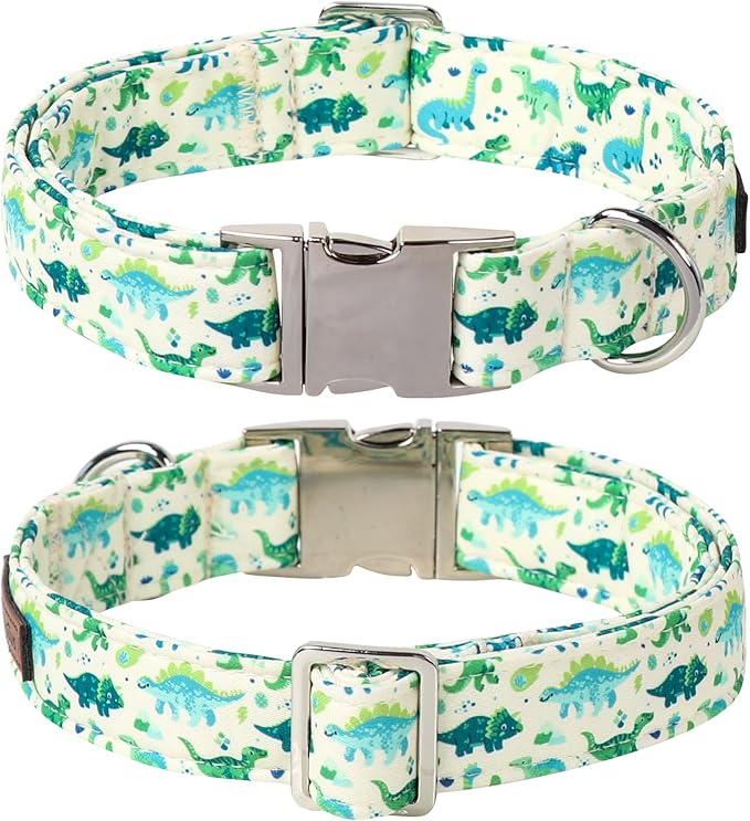 Lionet Paws Dinosaur Dog Collar with Bowtie, Cute Summer Beige Dog Collar for Girl for Small Dogs, Adjustable Cotton Pet Puppy Collars for Small Dogs
