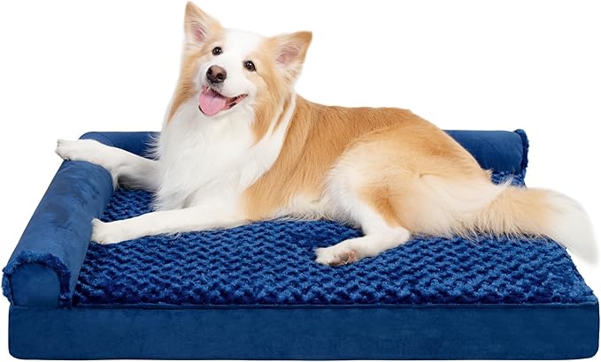 MIHIKK Orthopedic Dog Couch Bed Deluxe Plush L-Shaped with Waterproof Lining Bolster Dog Sleeping Sofa with Removable Washable Cover & Nonskid Bottom Pet Bed for Large Dogs, Blue