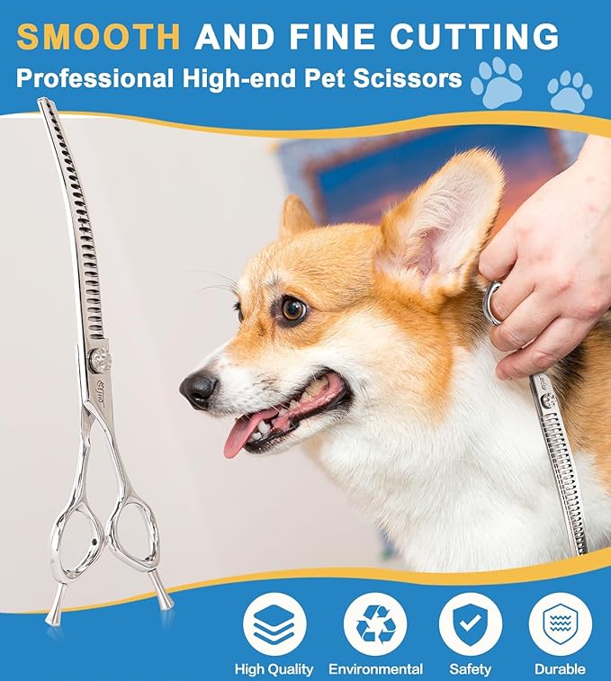 Stjuo Professional Dog Grooming Scissors, Japanese 440C Stainless Steel, 62 HRC Hardness (Curved Chunker, 7.5'')