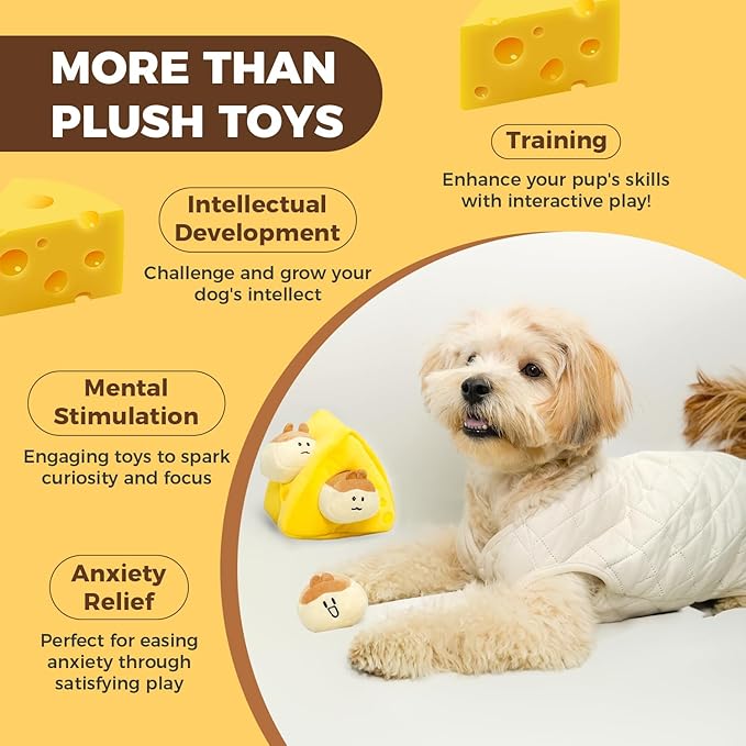 Hide and Seek Plush Stuffed Dog Toys, Squeaky Chew Toys with Crinkle Papper, Funny Toy Bundle Pack Perfect for Small, Medium and Large Dogs Reduce Boredom, Teeth Cleaning (Medium, Cheese)