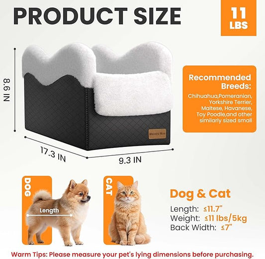 Mavora Max Portable Small Dog Seat for Car, Luxury Center Console Dog Car Seat Booster with Safety Tethers, Anti-Collapse Pet Travel Carseat for SUV, Truck (Black/White)
