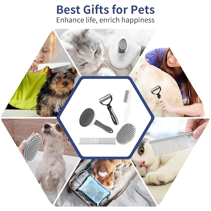 WOPQAEM Dog Brush Grooming Kit 5 PCS - Self Cleaning Slicker Brush for Shedding Short Long Haired Dogs & Cats, Includes Pet Comb, Flea Comb, Bath Brush, Undercoat Rake - Complete Fur Care Set - Gray