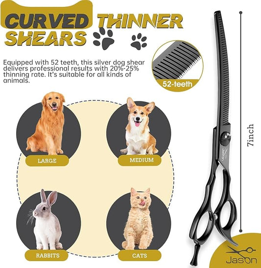 JASON Dog Thinners for Grooming - 7" Down-curved Blender Scissors, Japanese 440C Stainless Steel Dog Grooming Thinning Shears with Adjustable Screw Black