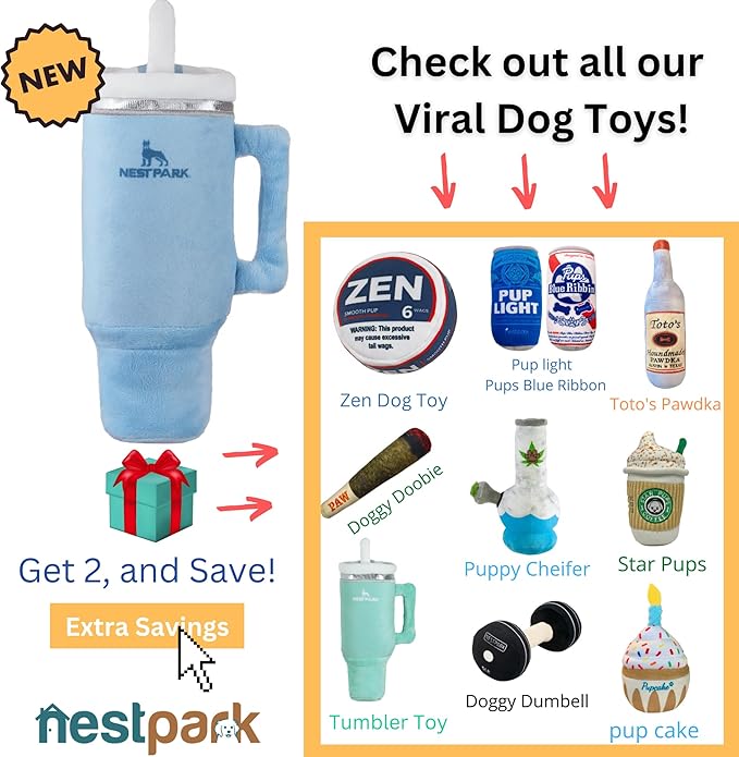 Nestpark Tumbler Cup Funny Dog Toy - Parody Plush Squeaky Crinkle Dog Toy (Chambray Blue)