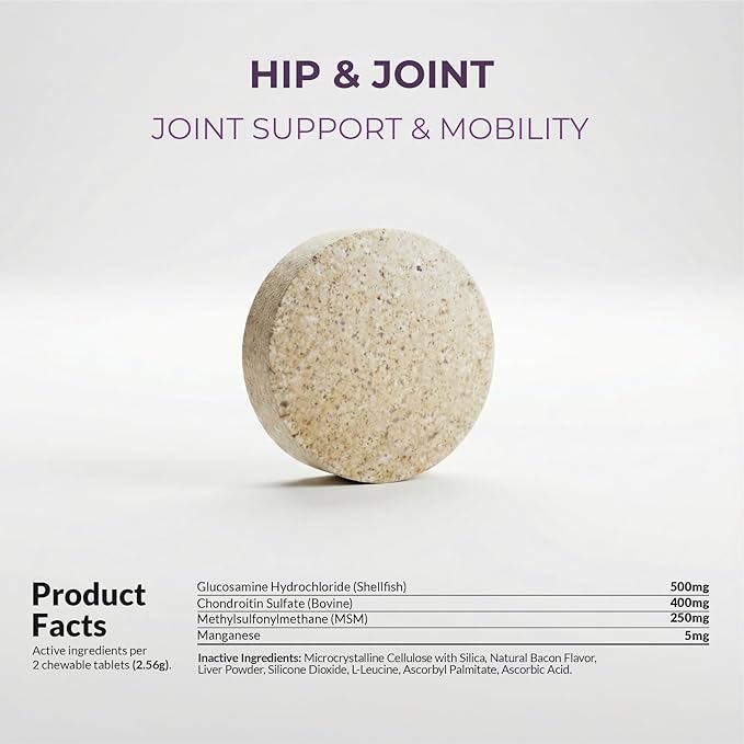 Hip and Joint Supplement for Dogs - Glucosamine for Dogs - Hip & Joint Support - Plus Chondroitin and MSM - Ease Inflammation, Antioxidant. (120 Chewable Tablets)