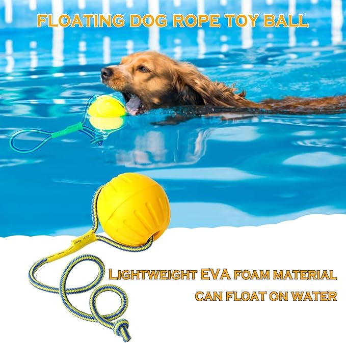 Dog Toy On a Rope, Floating Foam Ball With Rope, Tug Toy for Small Medium Large Dogs Fetch, Catch, Throw, Training (Yellow)