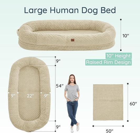 Human Dog Bed for Adult - Luxury Faux Fur Giant Size Dog Bed with Portable Handle, Egg Orthopedic Foam Bed with Blanket, 72"x40"x10", Linen