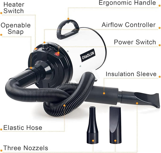 Dog Dryer for Pet Grooming, High Velocity Pet Hair Dryer with Heater, Adjustable Speed, 3 Nozzles and a Comb, White