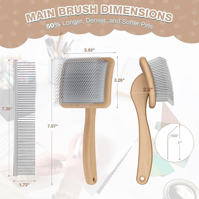 Large Slicker Brush for Dogs,Doodle Brush for Poodles, Goldendoodles, Labradoodle, Extra Long Pins for Detangling Matted Fur & Reducing Shedding, Dog Grooming Kit with Wooden Handle. Wood