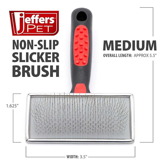 Jeffers Non Slip Slicker Pet Grooming Brush – Soft Pins, Red & Black Handle, Detangling Grooming Tool for Dogs & Cats with Short, Long, Thick & Curly Coats – Easy Grip Pet Comb - Medium Size