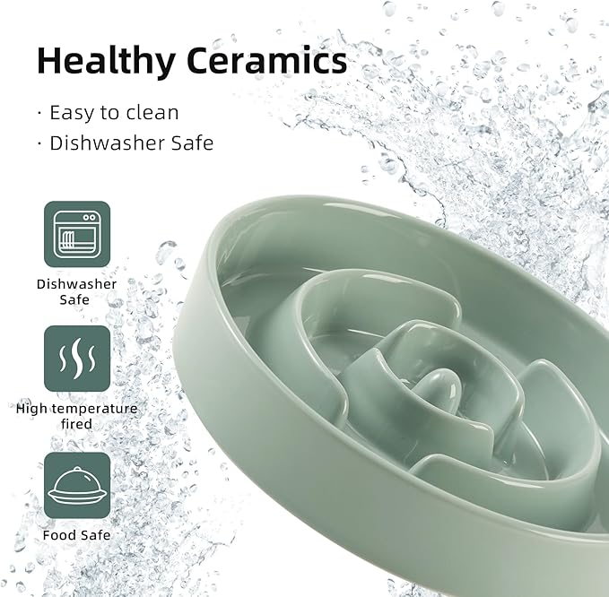 Ceramic 1.2 Cup Raised Slow Feeder Dog Bowl Set, Elevated Wooden Stand for Medium and Small Dog, 7.3inch Puzzle Slow Dish, Preventing Choking(Light Green, Single Bowl+ Stand)