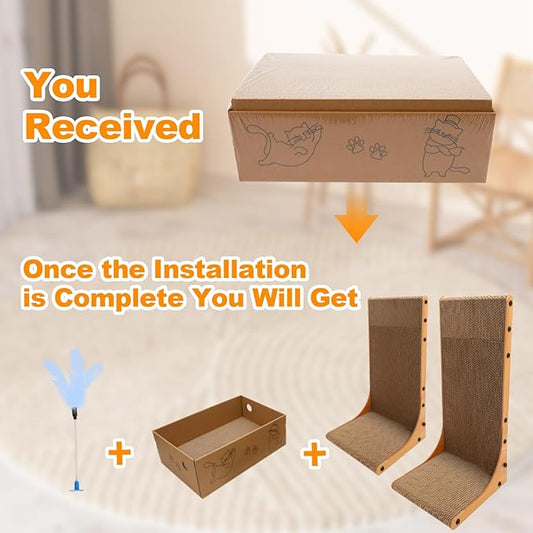 Goosheep Cat Scratching Post, 3-in1 Scratching Board for Indoor Cats, 2PK 22in L-Shaped Cat Scratcher with 1PK Cardboard Box Scratch Pad, Cats Scratch Furniture Protector with Feathered Toy