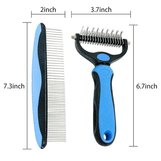 Pet Grooming Rake - Blue Deshedding Comb with Grooming Comb for Dogs and Cats,Double-Sided Dematting Tool,Extra-Wide Deshedding Dog Brush for Long Hair to Effectively Remove Tangles,Knots and Mats